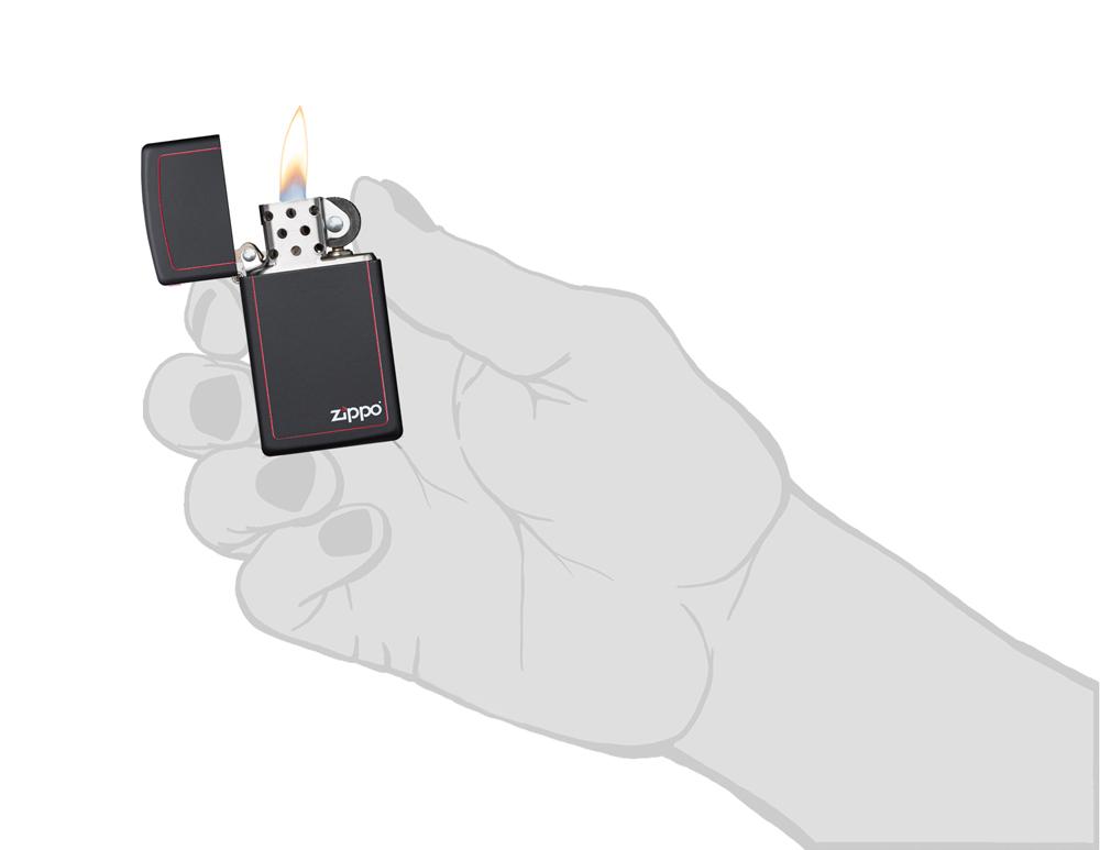 1618ZB, Zippo Slim Black Matte - In Hand, Open & Lit