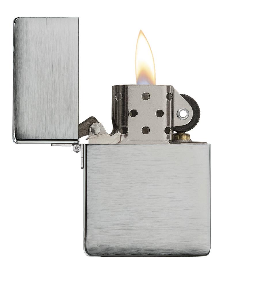 Zippo Lighter 1935 Replica front view opened and lit in brushed chrome look