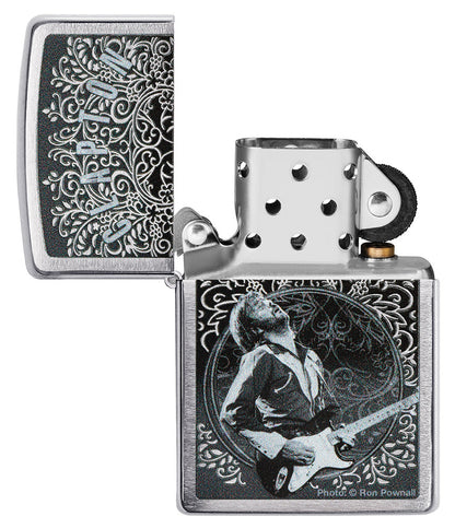 Zippo Lighter Front View Brushed Chrome Open with Eric Clapton Image by Ron Pownall