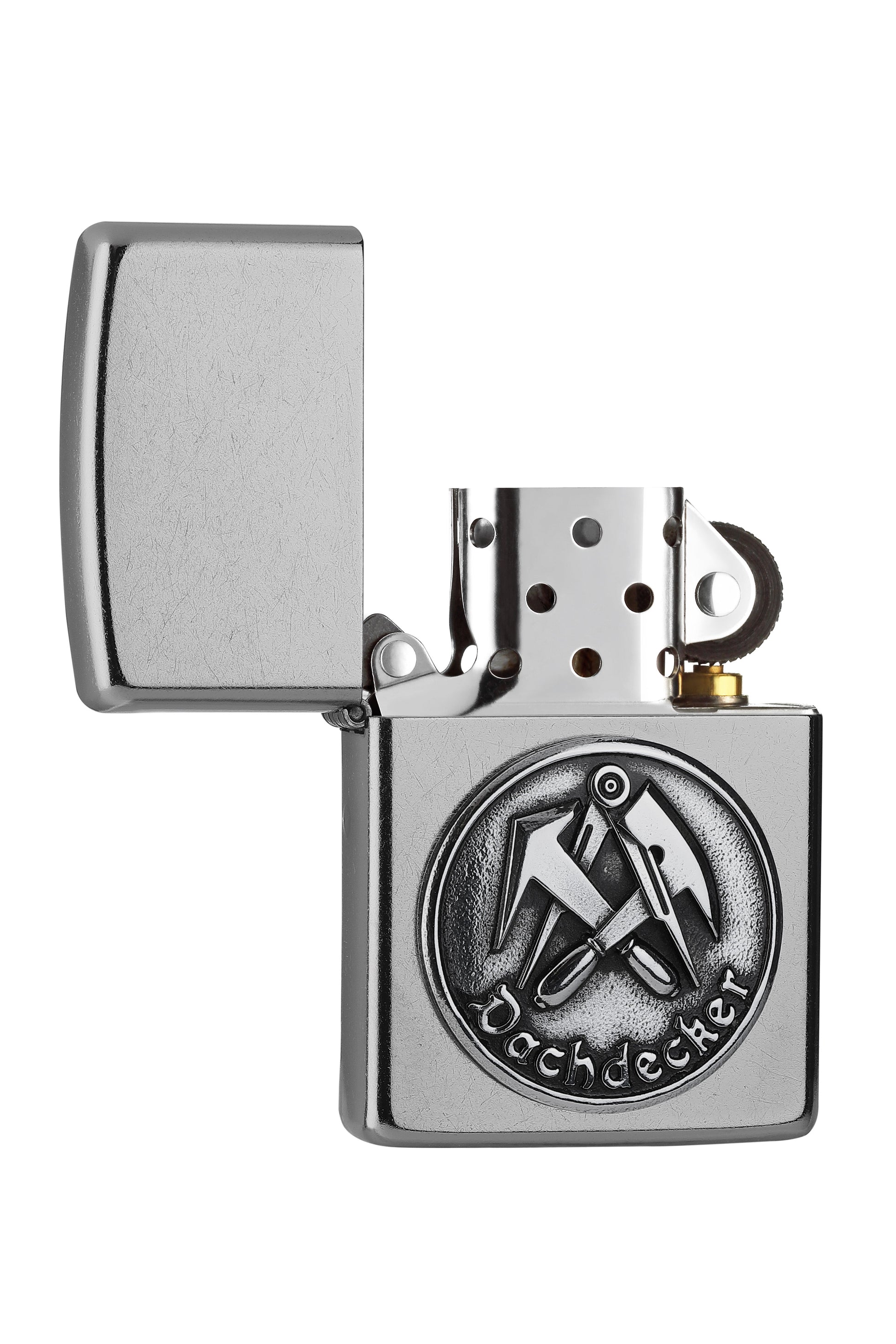 Zippo Feuerzeug Frontansicht ¾ Winkel verchromt geöffnet mit Dachdecker Symbol Emblem