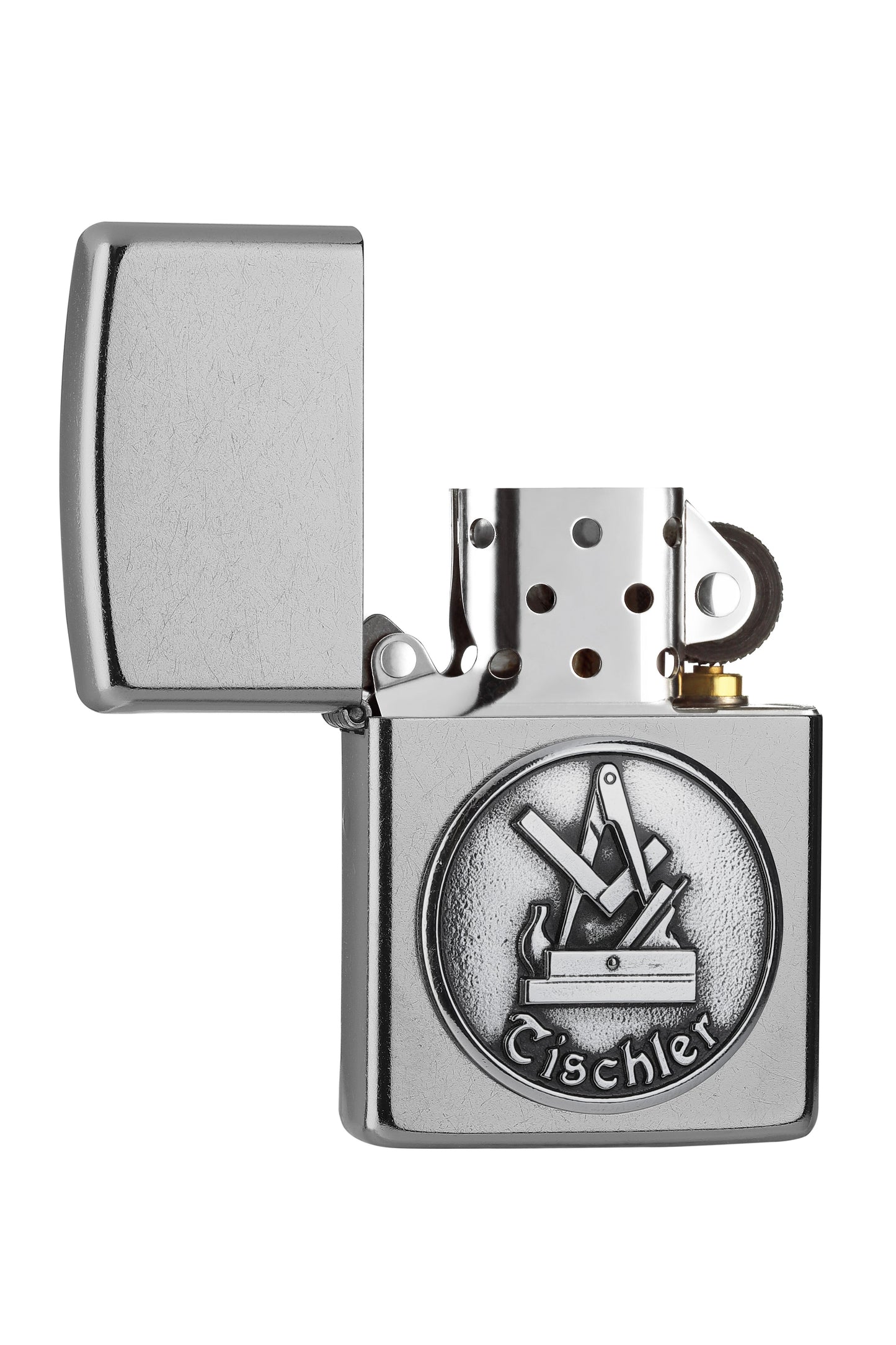 Zippo Feuerzeug chrom Tischler Zunftzeichen Emblem geöffnet