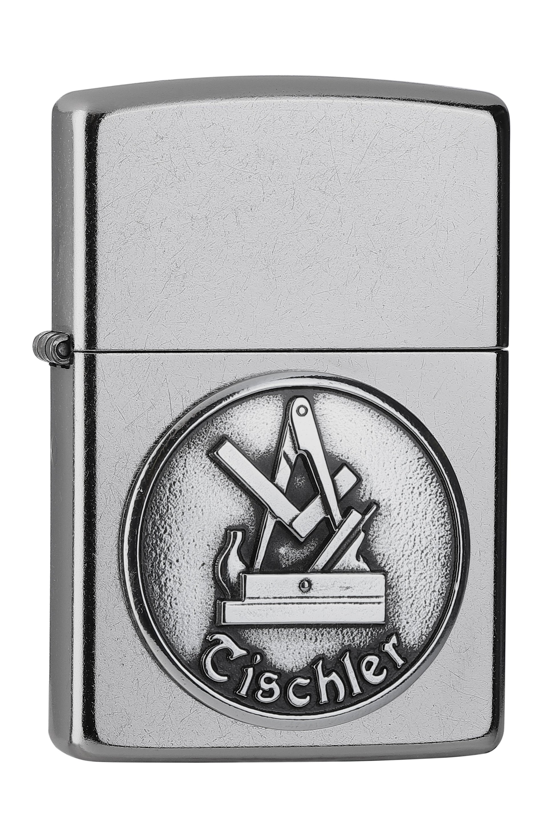 Frontansicht Zippo Feuerzeug chrom Tischler Zunftzeichen Emblem