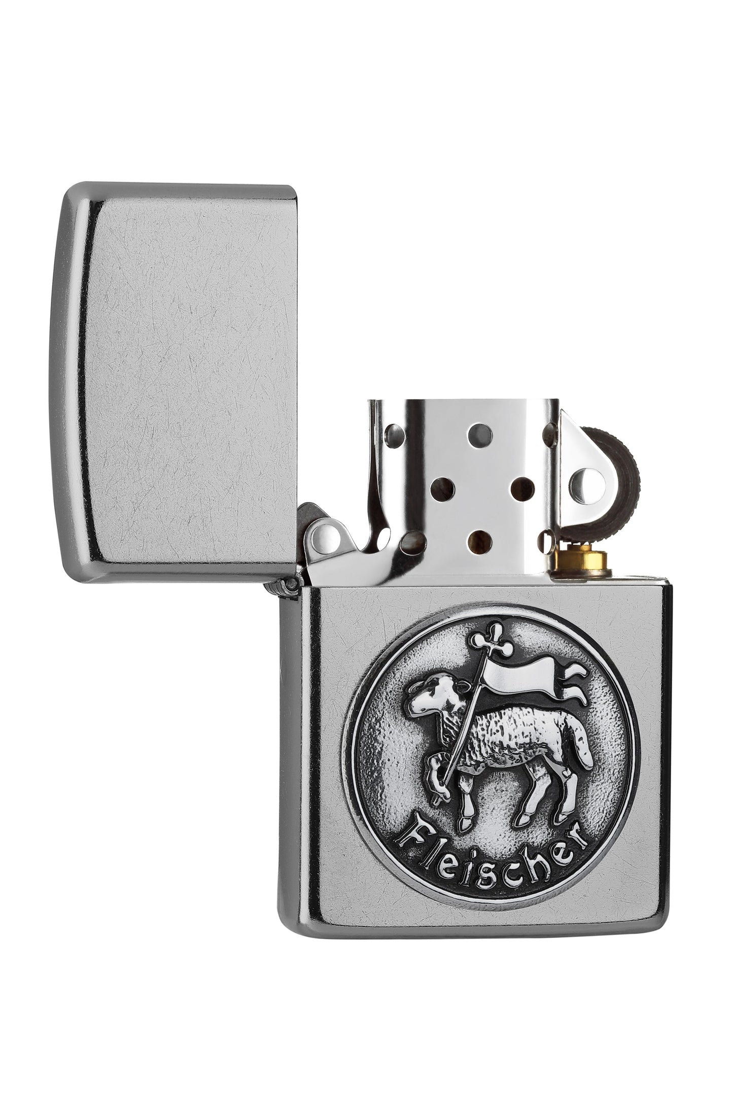 Zippo Feuerzeug chrom Zunftzeichen Fleischer Emblem geöffnet