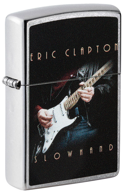 Zippo lighter front view ¾ angle chrome plated with coloured image of Eric Clapton playing guitar