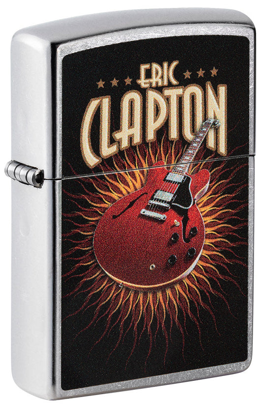 Zippo lighter front view ¾ angle chrome-plated with coloured image of a red guitar by Eric Clapton