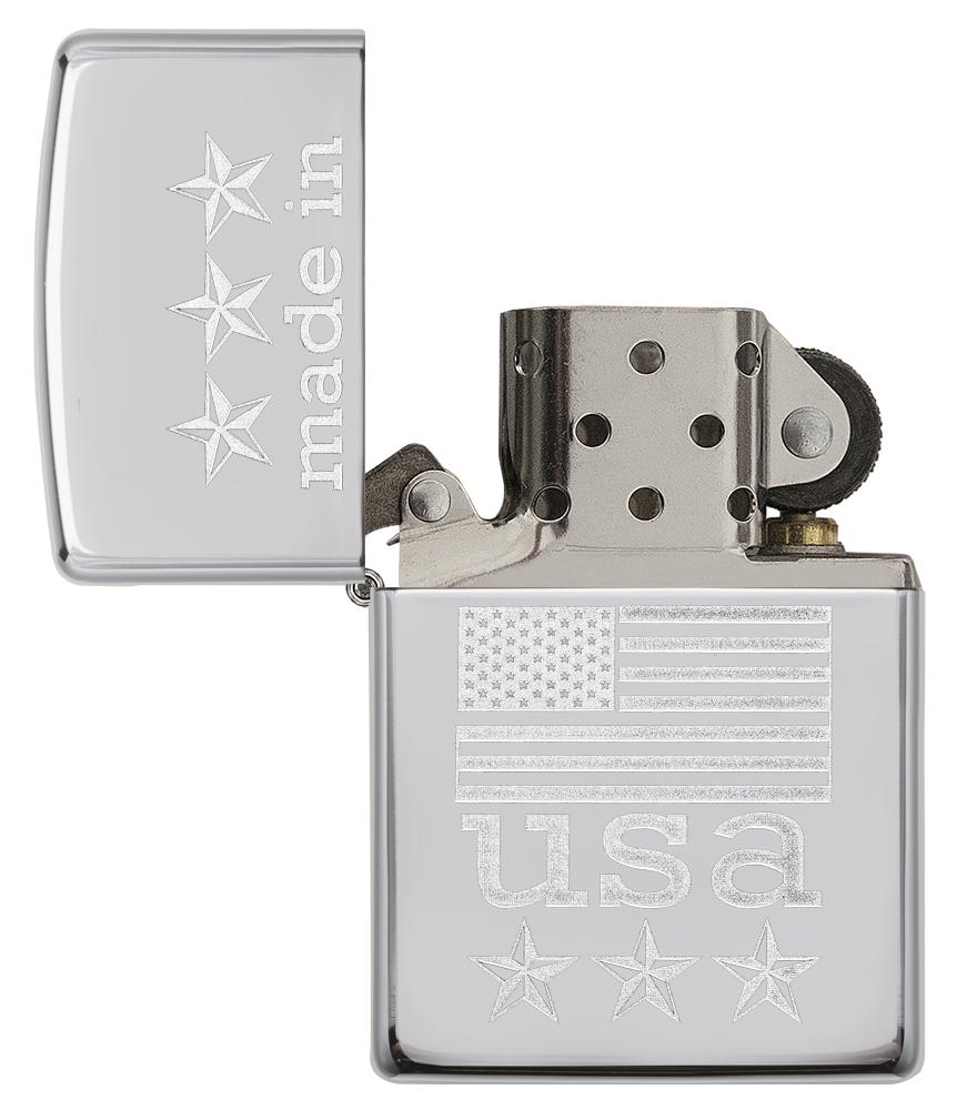 29430, Made in USA Flag & Stars, Lustre Engraving, High Polish Chrome Finish, Classic Case