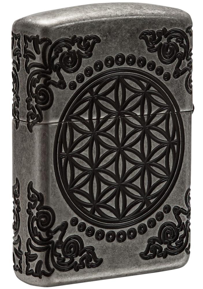 Back view of Armor® Tree of Life Windproof Lighter standing at a 3/4 angle