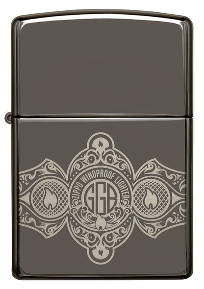 Zippo Lighter Front View Black Ice® with 360° Engraving of Zippo Flames and Logo in Cigar Band Design