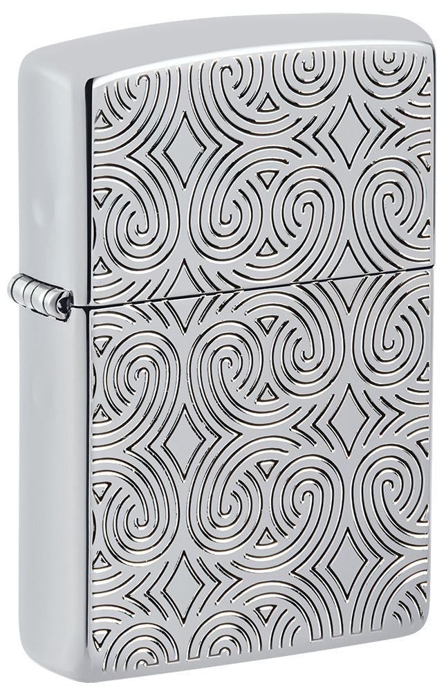 Zippo lighter front view ¾ Angle Armor® high polish chrome plated with deeply engraved lines