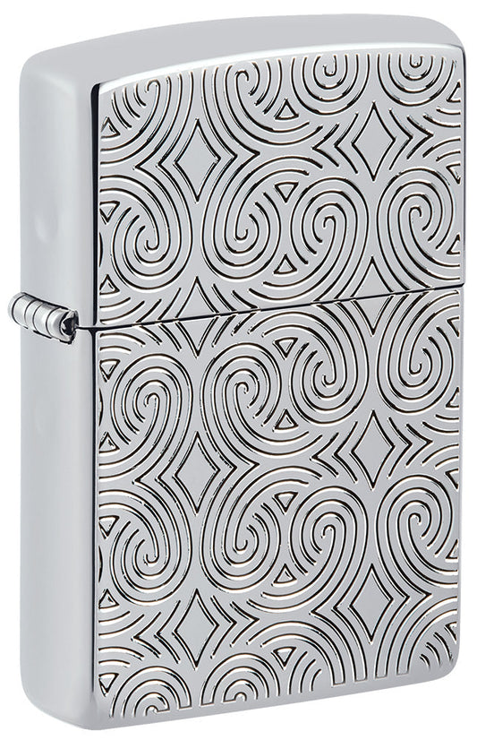 Zippo lighter front view ¾ Angle Armor® high polish chrome plated with deeply engraved lines