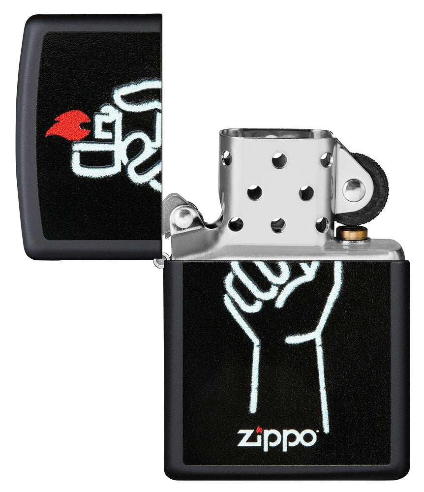 Zippo lighter front view black matt open with illustration of Zippo lighter in one hand and Zippo logo