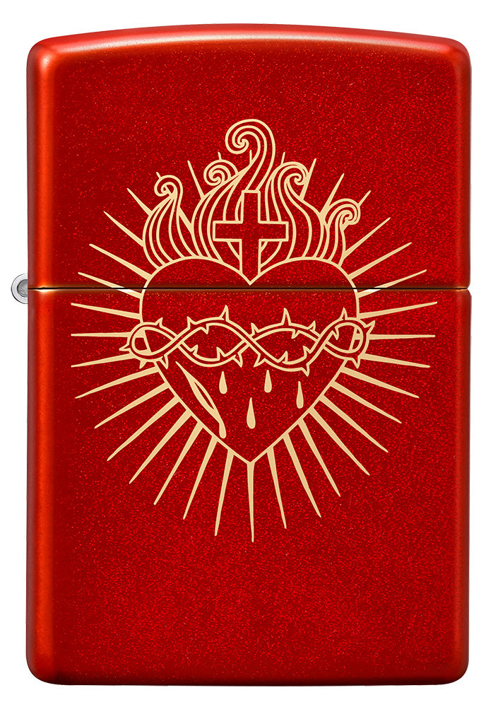 Zippo Lighter Front View Metallic Red Engraved with Sacred Heart of Jesus