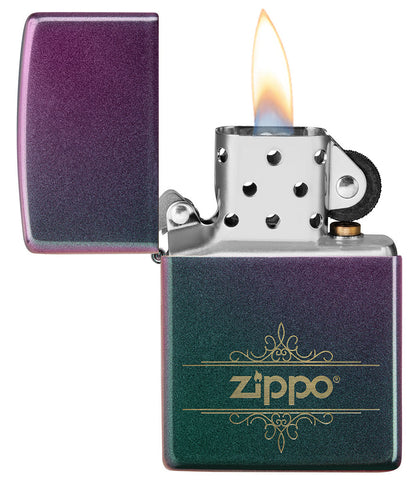 Zippo Lighter Front View Iridescent Matte Opened and Lit in Green Blue Purple with Squiggly Zippo Logo