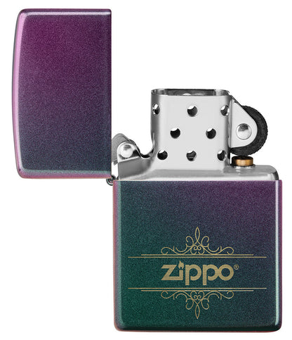 Zippo Lighter Front View Iridescent Matte Opened in Green Blue Purple with Squiggly Zippo Logo