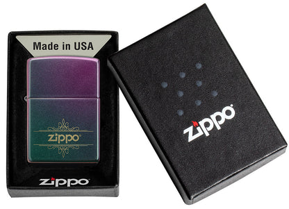 Zippo Lighter Front View Iridescent Matte Opened and Lit in Green Blue Purple with Squiggly Zippo Logo in Open Gift Box