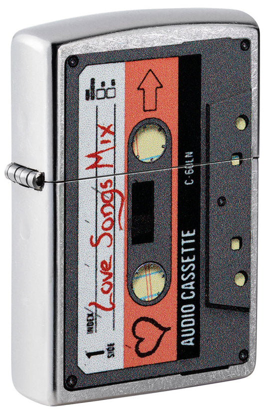 Zippo Lighter Front View ¾ Angle Cassette Mix Tape with Inscription Love Songs Mix and Heart