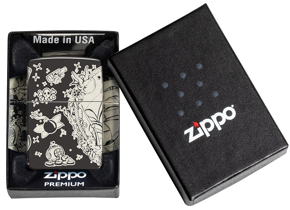 Zippo Feuerzeug nautisches Design mit Segelschiff sowie Schatzkarte und Goldmünzen in geöffneter schwarzer Premiumbox