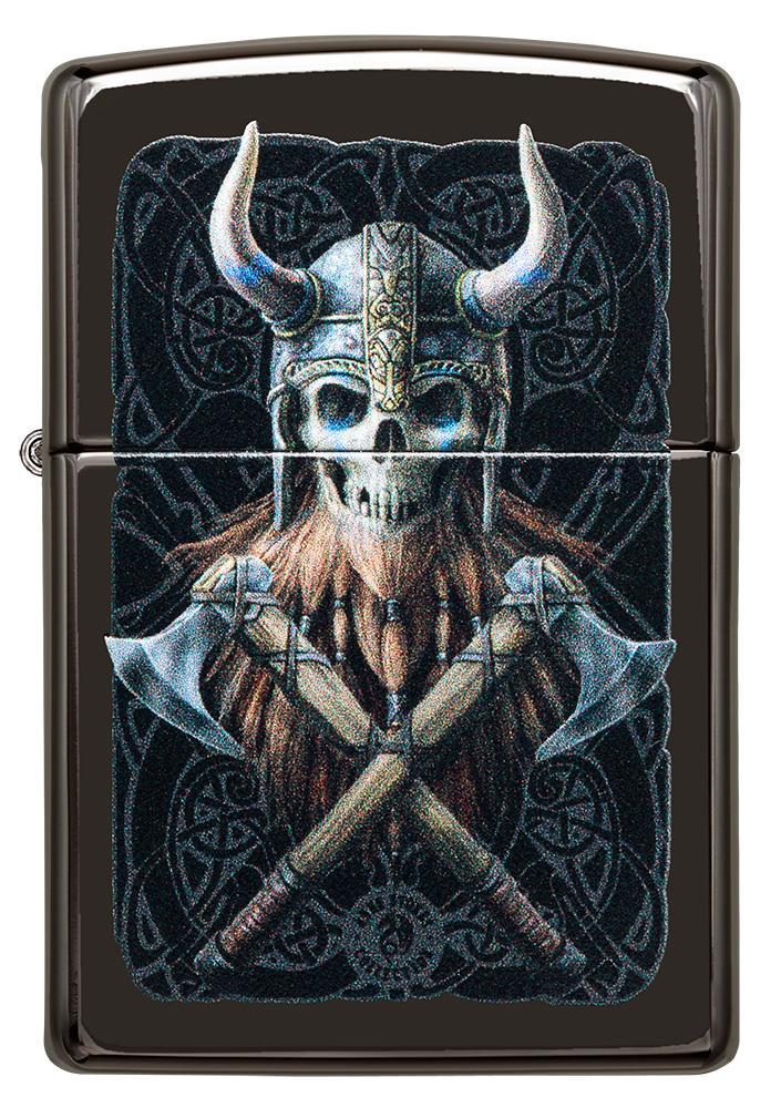 Front of Anne Stokes Viking Skull High Polish Black windproof lighter