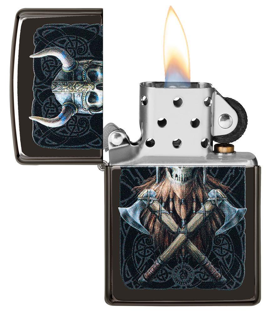 Anne Stokes Viking Skull High Polish Black windproof lighter with lid open and lit