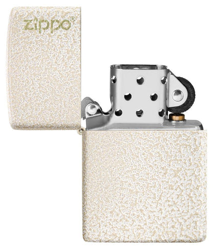 Mercury Glass Zippo Logo windproof lighter with the lid open and not lit