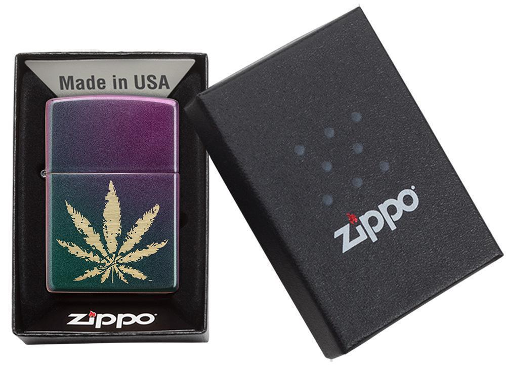 Iridescent Marijuana Leaf Windproof Lighter in packaging