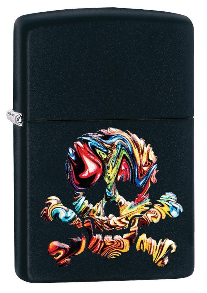 Skull Textured Black Matte windproof lighter facing forward at a 3/4 angle