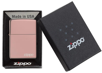 High Polish Rose Gold Zippo Logo windproof lighter in packaging