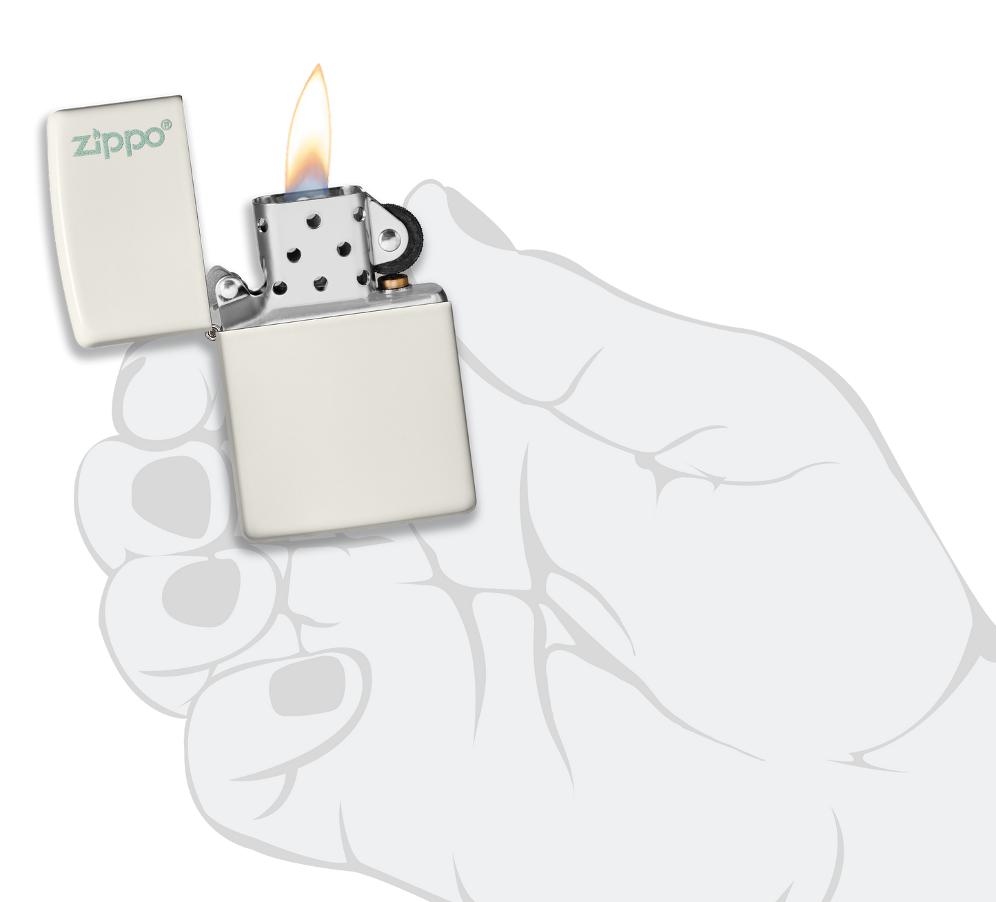 Briquet tempête Zippo Glow In Dark Zippo Logo dans une main pour représenter la taille du briquet