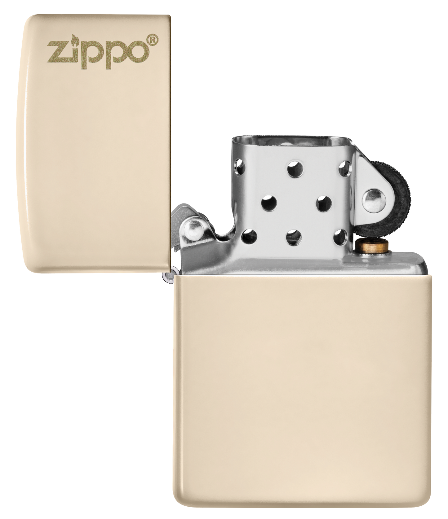 Briquet Zippo vue de face du briquet tempête Zippo Flat Sand avec logo éteint, sans flamme