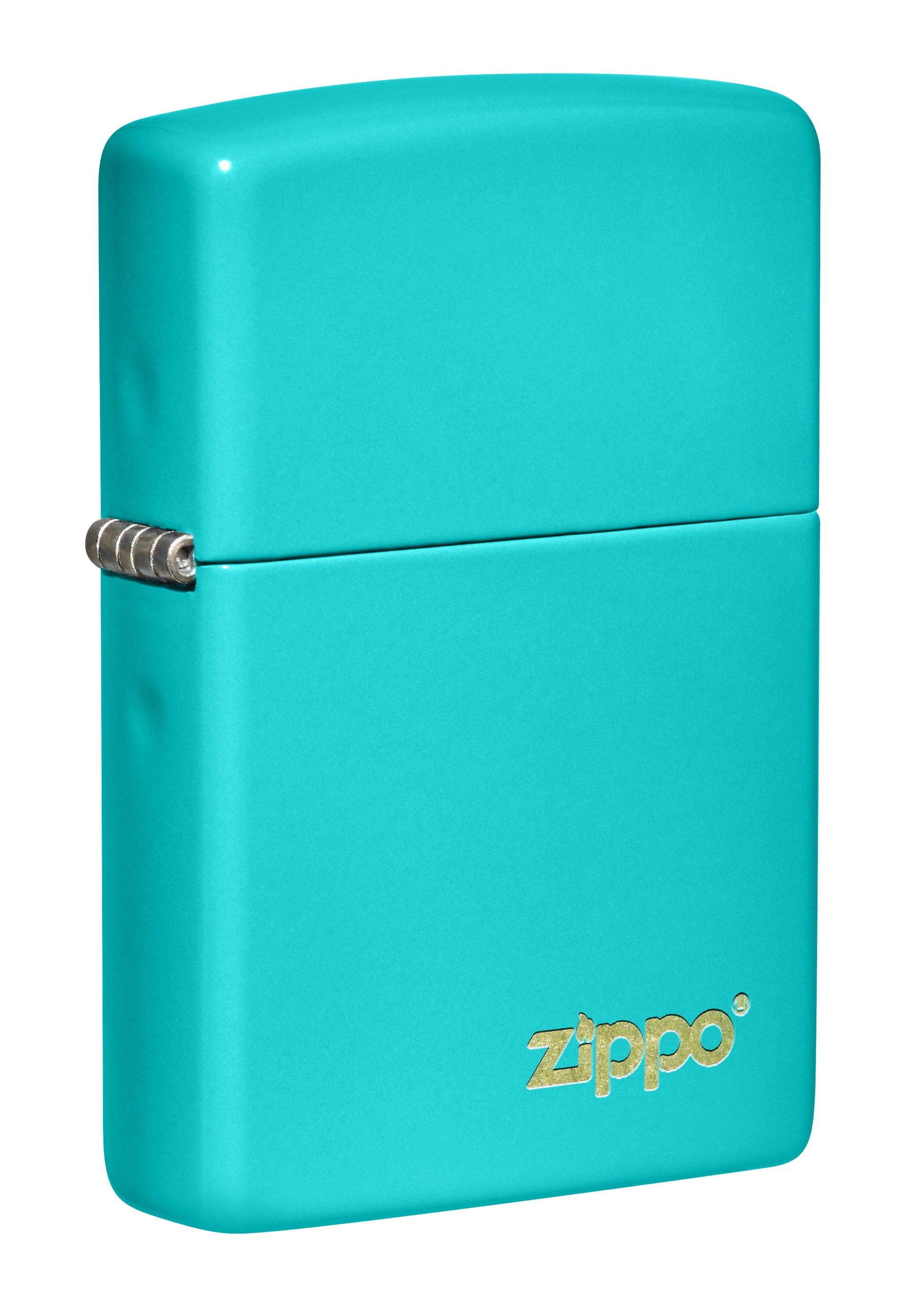 Briquet Zippo vue de trois quarts du briquet tempête Zippo Flat Turquoise avec logo