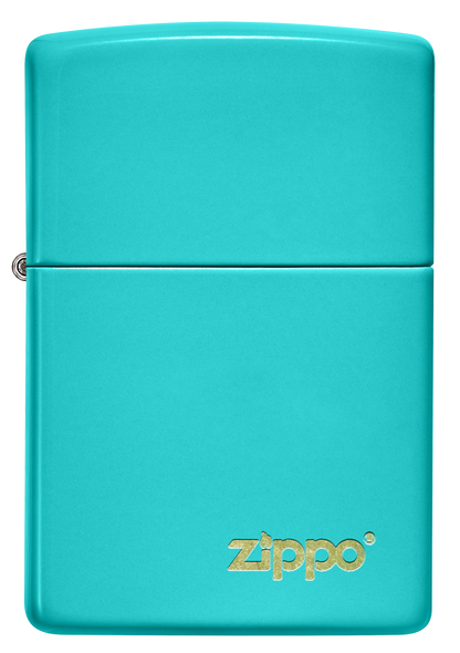 Briquet Zippo vue de face du briquet tempête Zippo Flat Turquoise avec logo