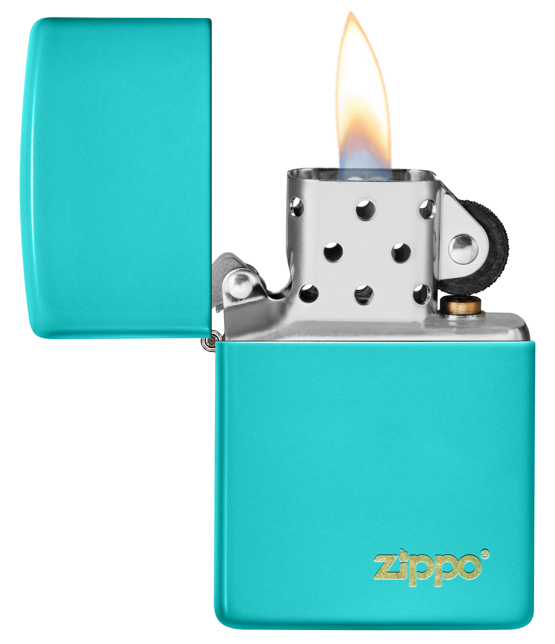 Briquet Zippo vue de face du briquet tempête Zippo Flat Turquoise avec logo ouvert, avec flamme