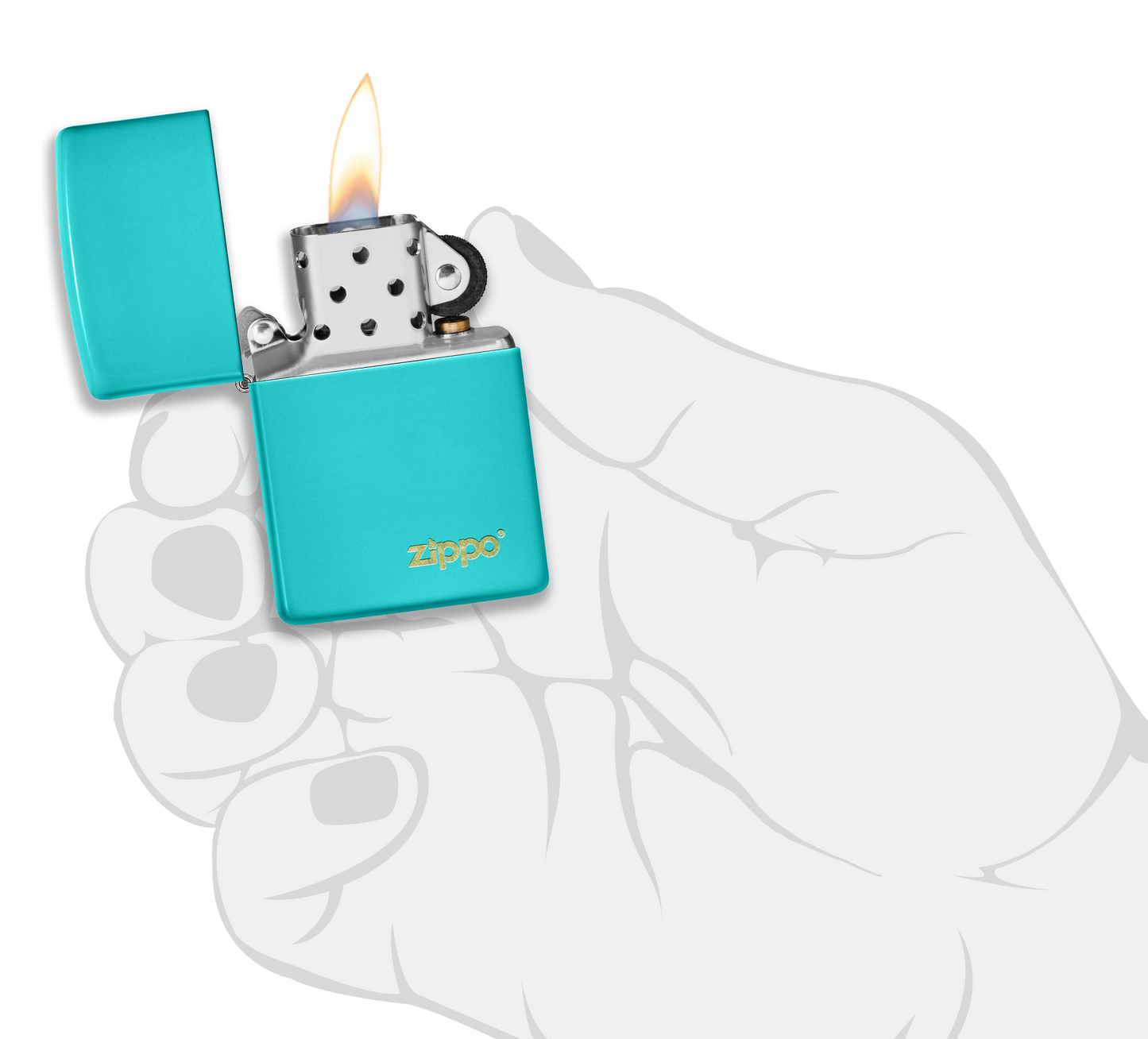 Briquet tempête Zippo Flat Turquoise avec logo dans une main pour représenter la taille du briquet