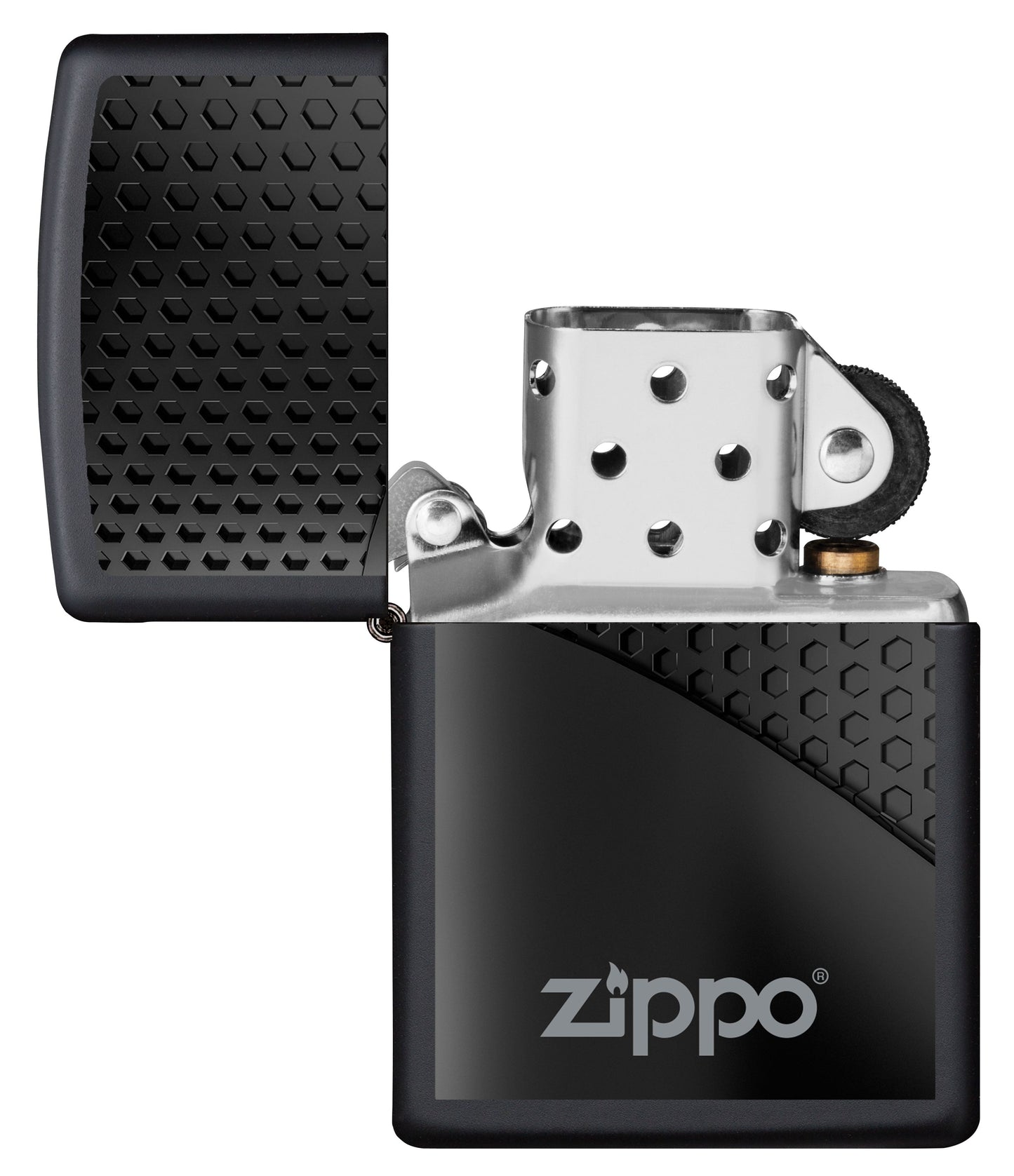 Vue de face du briquet tempête Zippo Black Hexagon Design éteint, sans flamme