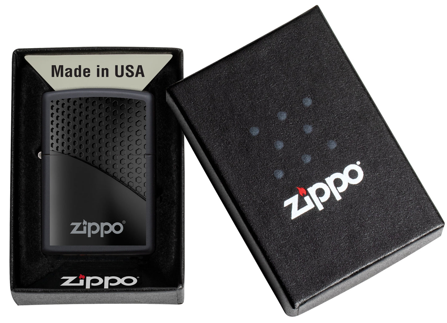 Briquet tempête Zippo Black Hexagon Design dans sa boîte cadeau