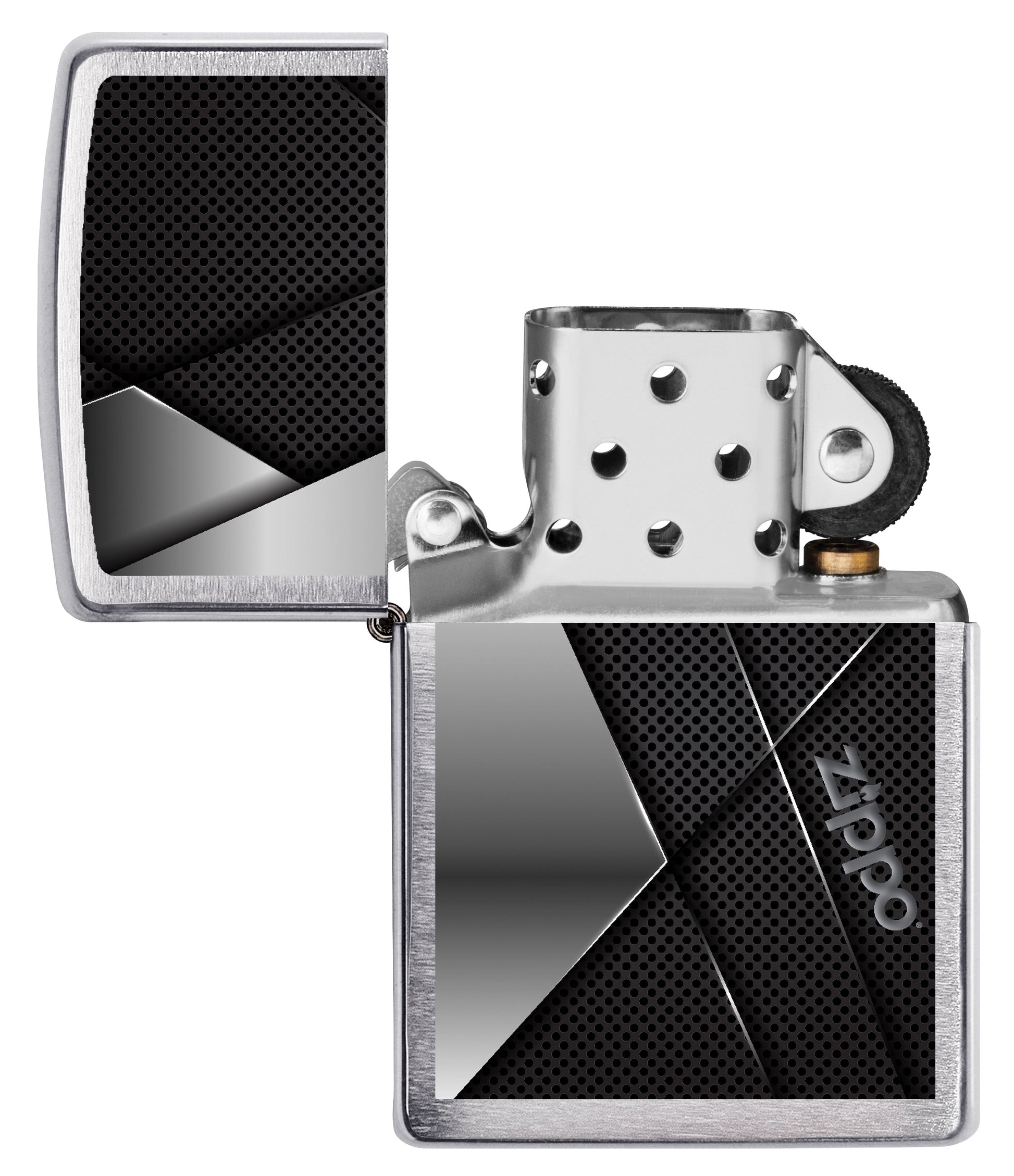 Briquet Zippo vue de face ouvert sans flamme avec une illustration en couleur gris et noir et le logo de Zippo