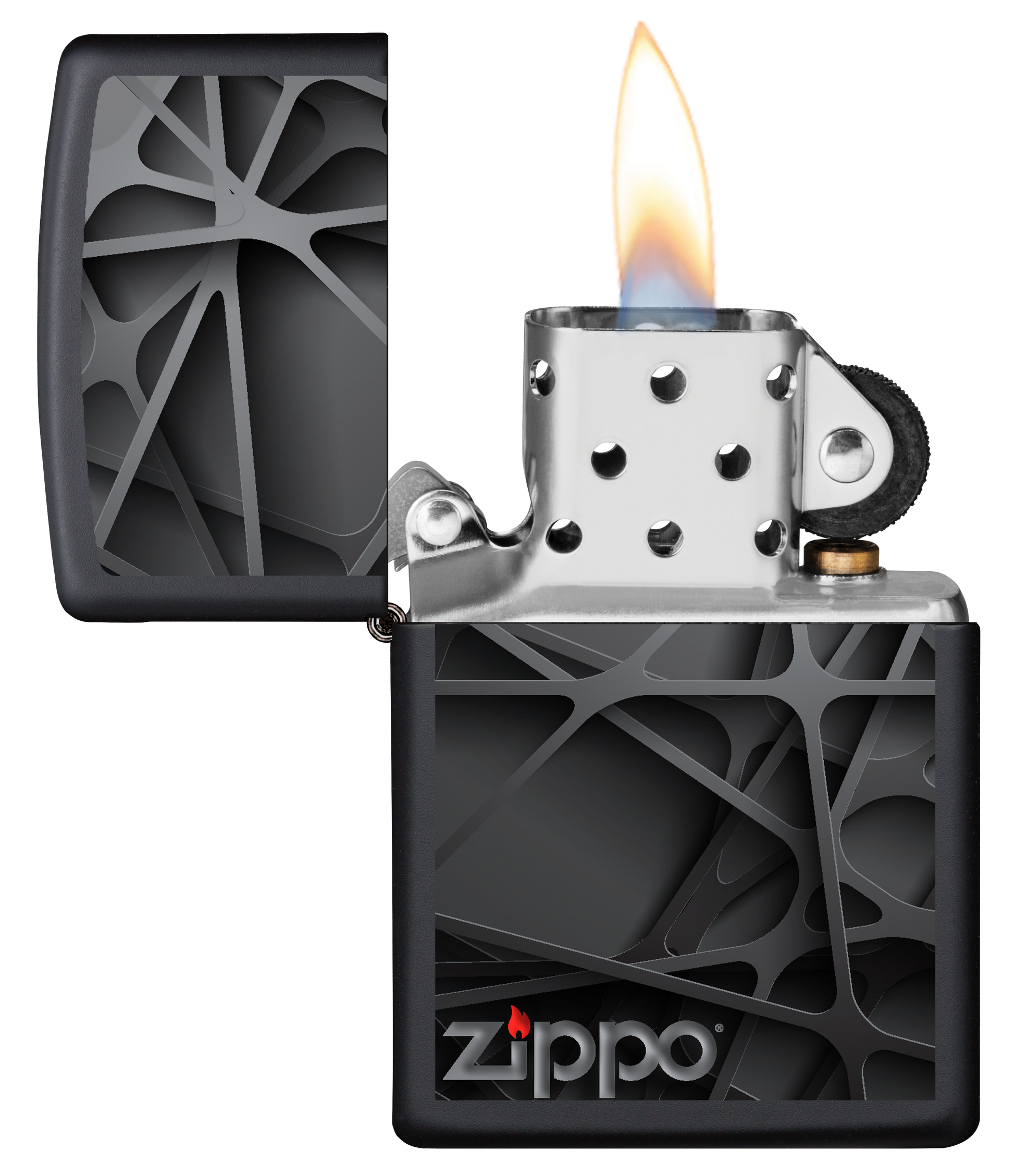 Vue de face du briquet tempête Zippo Black Abstract Design ouvert, avec flamme