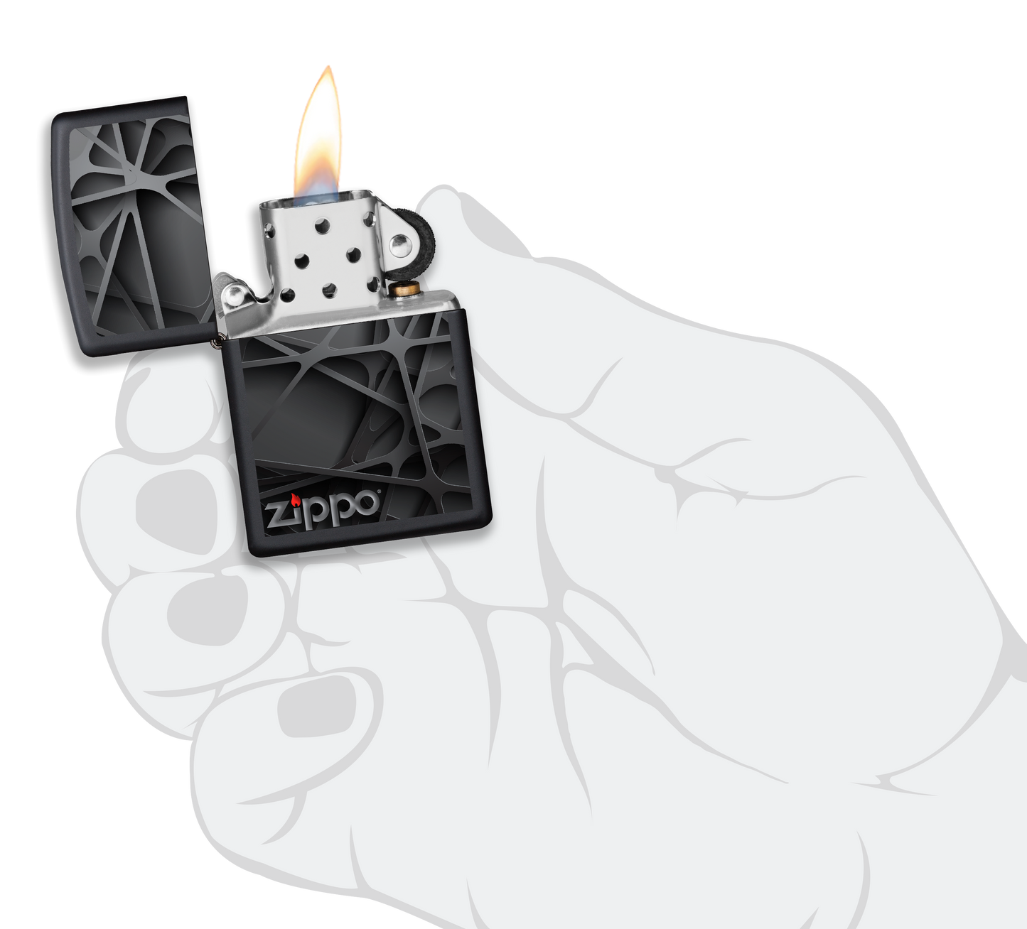 Briquet tempête Zippo Black Abstract Design dans une main pour représenter la taille du briquet