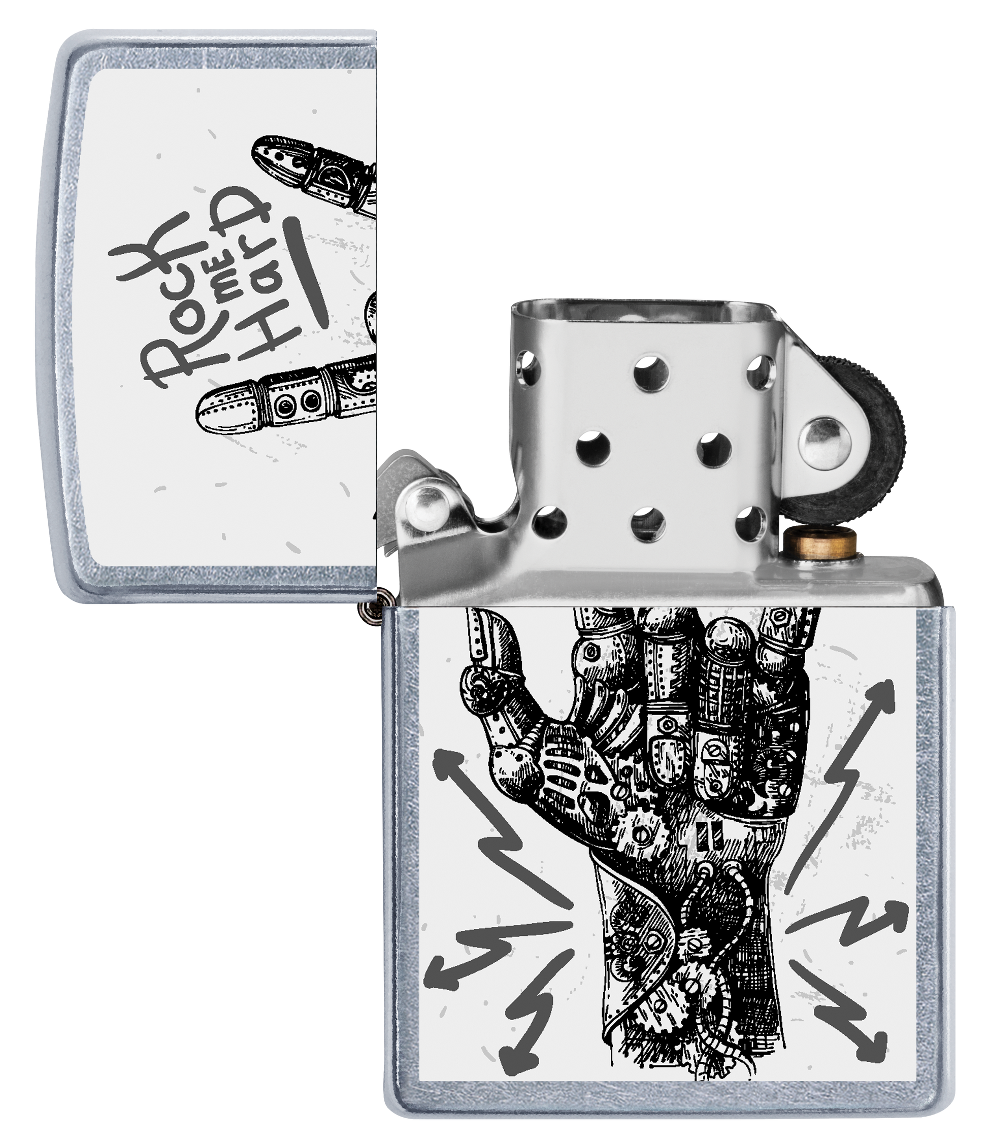 Vue de face du briquet tempête Zippo Rock Hand Design éteint, sans flamme