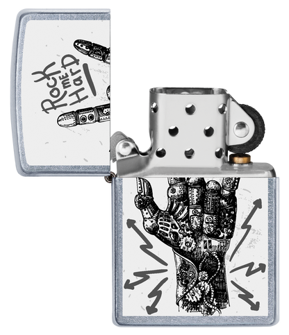 Vue de face du briquet tempête Zippo Rock Hand Design éteint, sans flamme