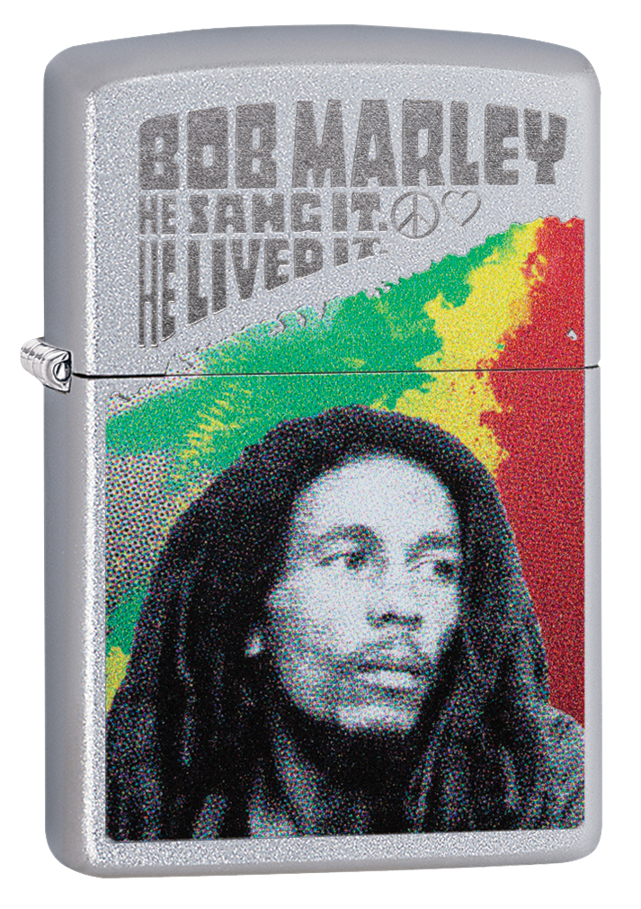 Vue de trois quarts du briquet tempête Zippo Bob Marley