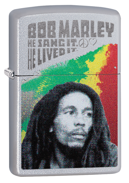 Vue de trois quarts du briquet tempête Zippo Bob Marley