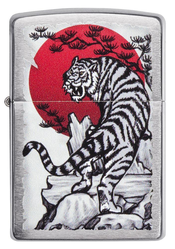 Front of Asian Tiger Brushed Chrome Windproof Lighter