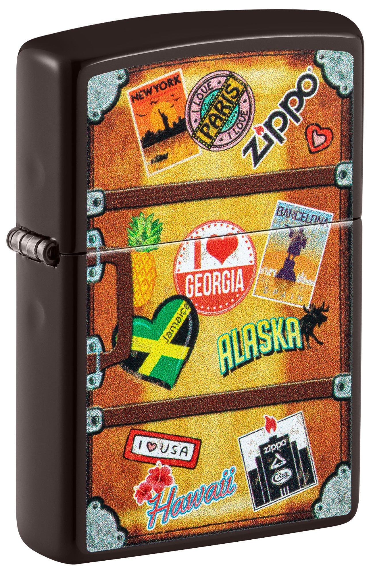 Zippo Lighter Front View ¾ Angle brown representing a suitcase with a different city stickers stuck on it such as Paris, Hawaii, Barcelona, New York