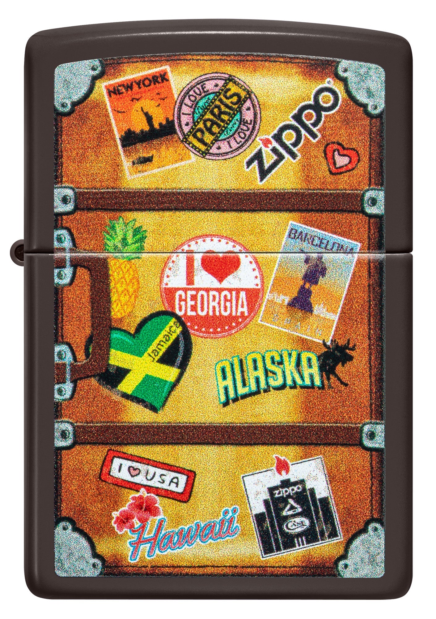 Zippo Lighter Front View brown representing a suitcase with a different city stickers stuck on it such as Paris, Hawaii, Barcelona, New York