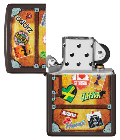 Zippo Lighter Front View brown representing a suitcase with a different city stickers stuck on it such as Paris, Hawaii, Barcelona, New York opened and unlit