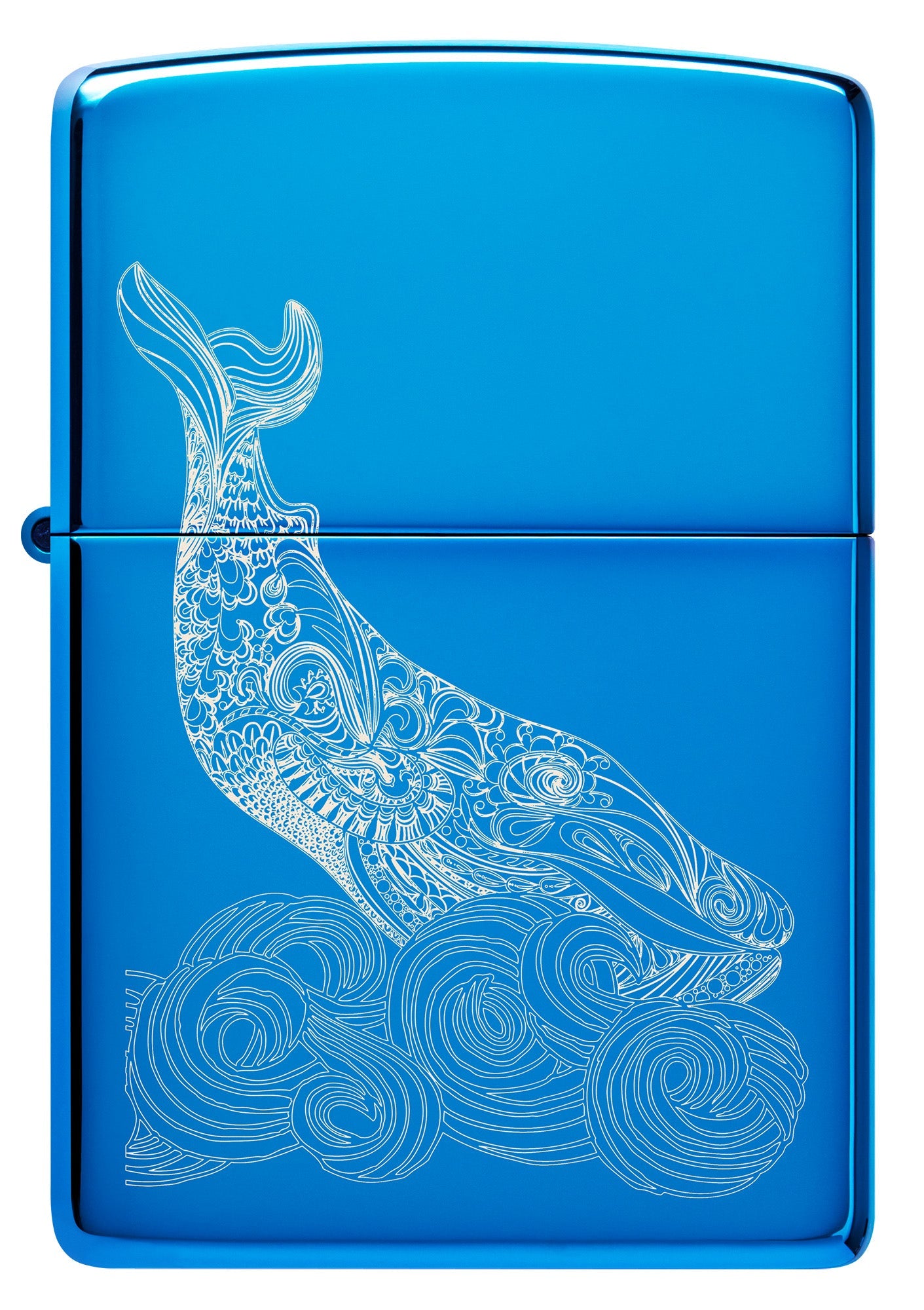 Zippo Lighter Front view of Whale Design shiny light blue with an engraved whale with round waves