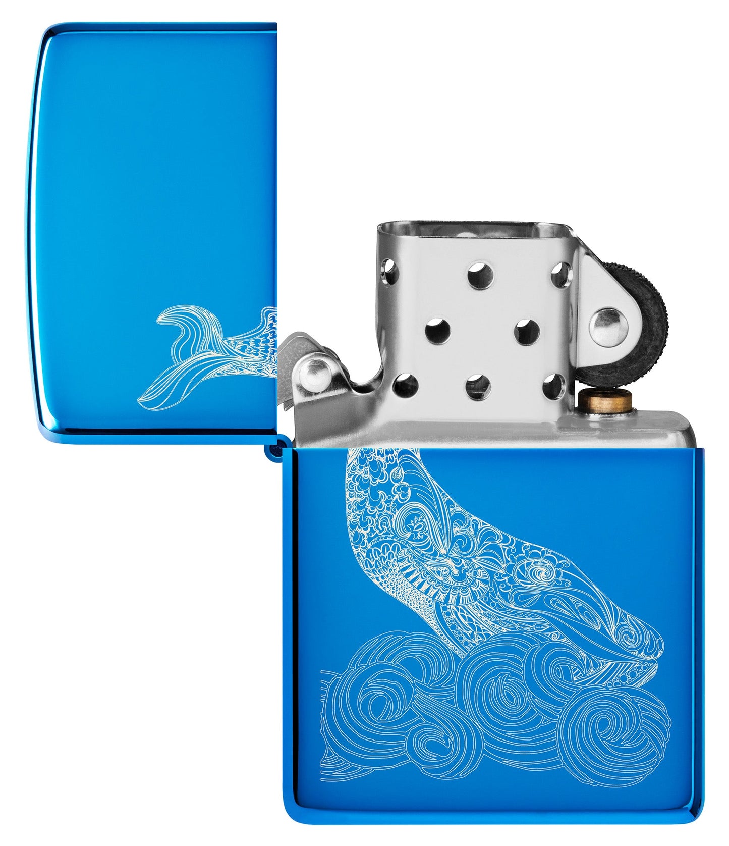 Zippo Lighter Front View Whale Design shiny light blue with an engraved whale with round waves Opened and unlit