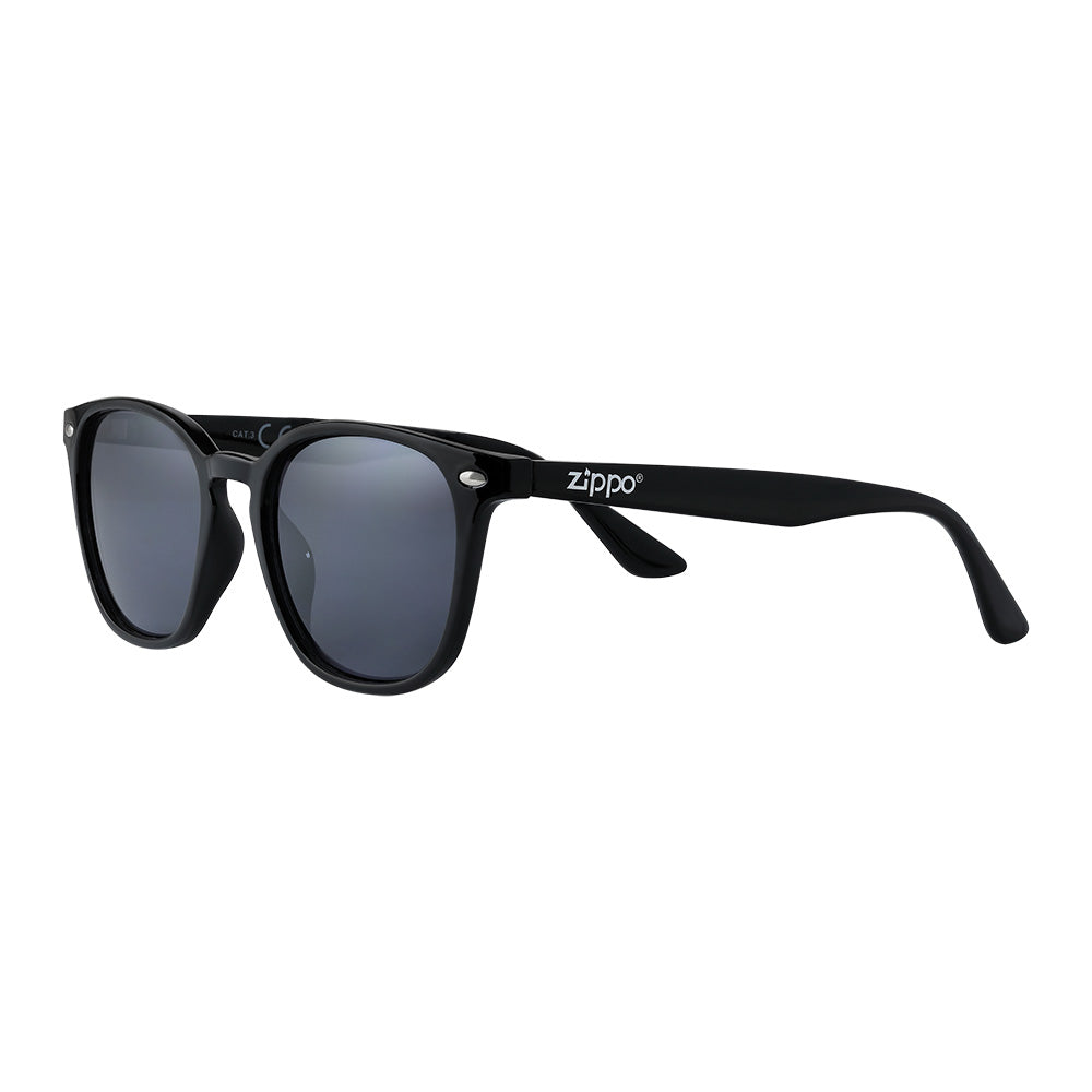 Zippo Sunglasses Front View ¾ Angle With Slightly Rounded Square Frame In Black With White Zippo Logo