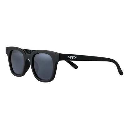 Zippo Sunglasses Front View ¾ Angle With Wide Frames In Black And With White Zippo Logo